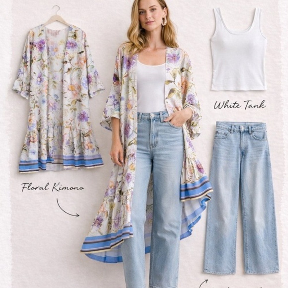 NWT UMGEE Kimono Open Cardigan S/M Long Robe Swim Cover Up Resort Floral Boho - Picture 8 of 11